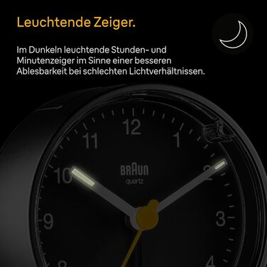 Braun Classic Analog Alarm Clock with Snooze Function and Light, Silent Quartz Movement, Crescendo Alarm in Black, Model BC01B.