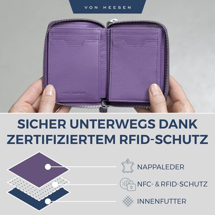 VON HEESEN Leather Wallet with RFID Blocker - Wallet for Women & Men made of Genuine Leather - Wallet with Coin Pocket - Purse for Women and Men in Violet