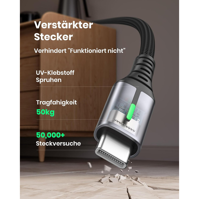 Кабель USB-C 2м з LED-підсвічуванням, швидка зарядка 3.1A, нейлон, чорний - сумісний з iPhone 15, Samsung Galaxy, Google Pixel