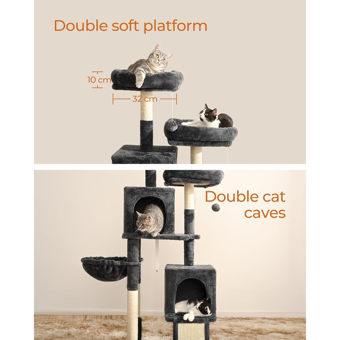 Кігтеточка для котів FourFurPets 156 см, з драбиною з сизалю, 2 платформи, 2 печери, гамак, іграшки, сірий