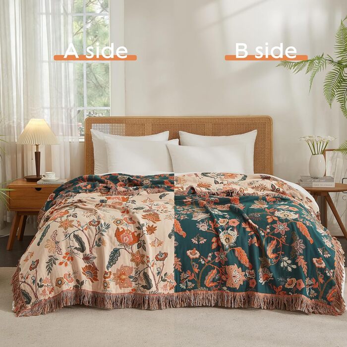 SE SOFTEXLY Boho плед з 100% бавовни – двосторонній мусліновий плед 150x200 см, м'який плед на диван та ковдра на ліжко, естетичний дизайн, ідеальний для вітальні та спальні, Orange/Grün Blütentraum (230 x 250 cm, Blütentraum)