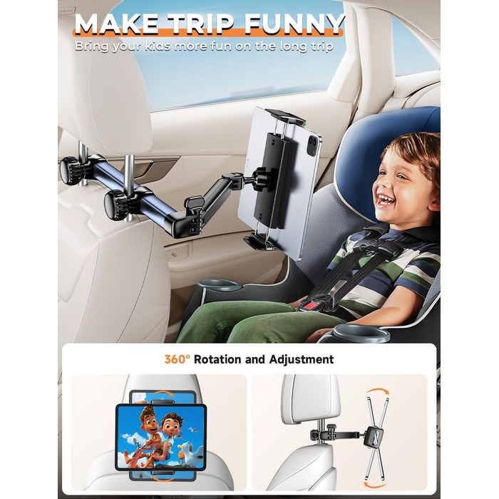Тримач для планшету TRYONE в авто: кріплення на підголівник, 46 см, 3-в-1, для дітей, сумісний з iPad, Samsung Tab, Switch, телефонами (4.7-13 дюймів)