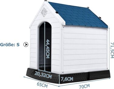 GYMAX Будка для собак на вулицю з похилим дахом та піднятим дном, пластикове собаче будиночок, вологостійка собача будка в стилі кантрі (Білий + Синій, 72,5 x 66 x 70,5 см)