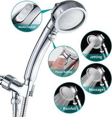 MIAOHUI Modern Handheld Showerhead with On/Off Switch, High-Pressure Showerhead with Handheld, 3 Spray Settings, Detachable Showerhead with Hose, Adjustable Shower Holder (Brushed Nickel) (Chrome)