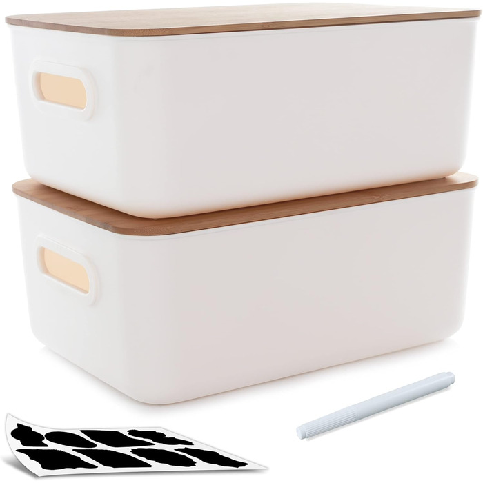 Kerhouze 2 PCS Storage Box with Bamboo Lid White Storage Plastic Box for Organization Stackable Storage Boxes with Handle for Kitchen Bathroom 38.4 * 27 * 15.2cm, 13L