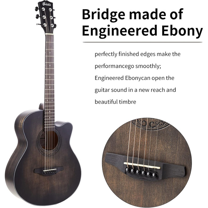 Акустична гітара Soldin 40 дюймів Premium з масивної соснової верхньої деки. Комплект: гітара, підставка, тюнер, ремінь, каподастр, струни, серветка для чищення, медіатори (Чорний)