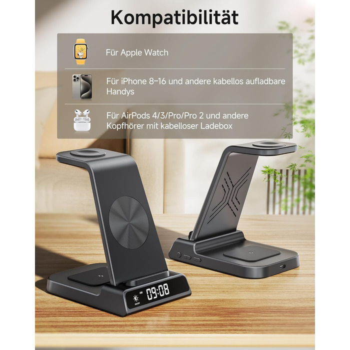 Бездротова зарядна станція 3-в-1 для Apple iPhone 16/15/14/13/12 Pro/Plus, Apple Watch Ultra 2/9/8/7/6/5, AirPods Pro/4/3/2 – Чорна