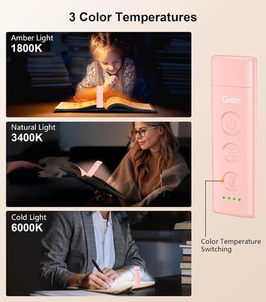 LED-лампа для читання Gritin з USB-зарядкою, кріпленням на книгу, регулюванням яскравості та кольору, для книголюбів (білий/рожевий)