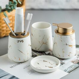 Набір аксесуарів для ванної кімнати – 4 шт. з ефектом темного зеленого мармуру: дозатор мила, тримач для зубних щіток, попільничка, мильниця (білий)