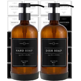 Vine Creations Amberglas Soap Dispenser Set with Stainless Steel Pump, for Bathroom, Dish Soap Dispenser for Kitchen, includes Silicone Pad and Waterproof Labels