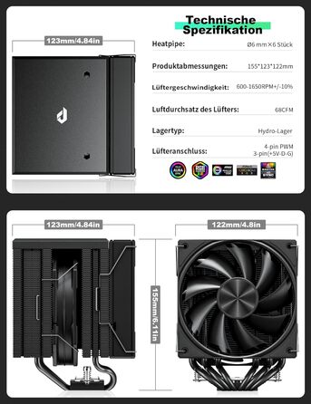 upHere Система охолодження CPU Dual Tower з 6 теплових трубок, 2 x 120мм вентилятори PWM, сумісна з AMD AM4 AM5/Intel 2011/2066 (X79/X99), для ПК, UE2K6