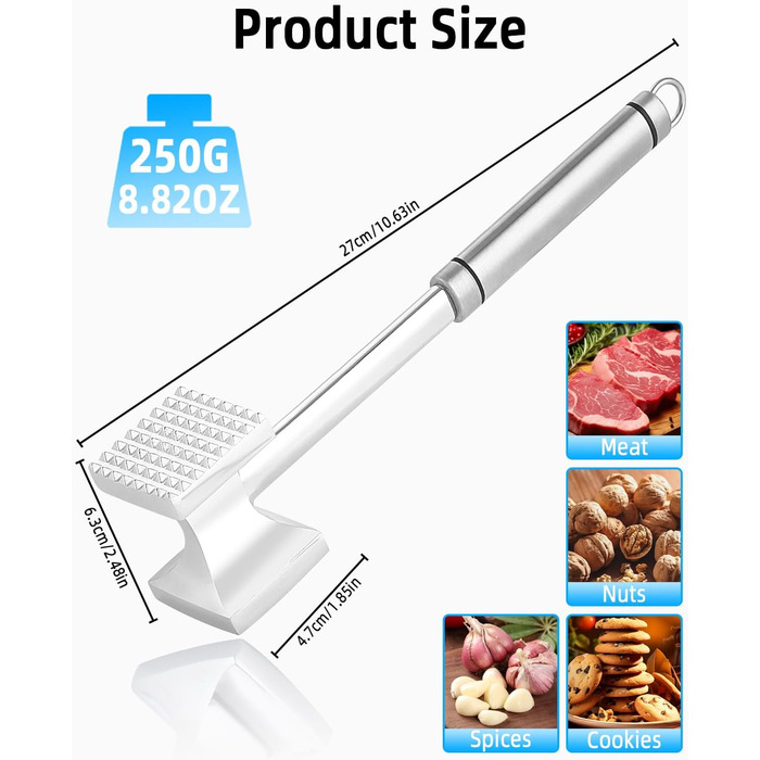 Fleischhmmer Bixury 27 см з нержавіючої сталі: подвійний м'ясорубка для кухні, ідеальний для шніцелів, котлет та стейків