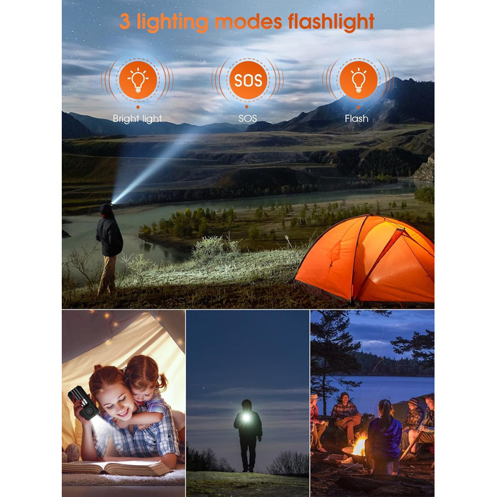 Портативний зарядний акумулятор 52800 mAh з сонячною зарядкою та бездротовою зарядкою, водонепроникний, 5 виходів, 3 входи, ліхтарик, карабін, QC 30W та USB-C PD 20W для мобільних телефонів (Оранжевий)