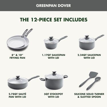 Набір кухонного посуду GreenPan Dover Ceramic Antihaft, 12 предметів, без PFAS, придатний для миття в посудомийній машині, комфортні ручки, кремово-білий
