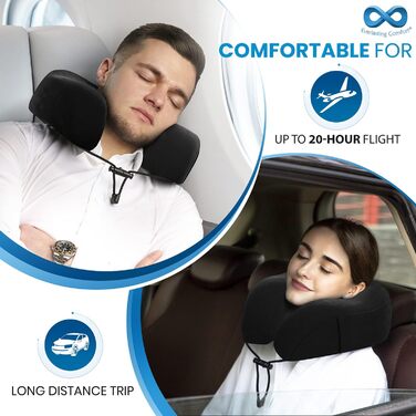 Подушка для шиї Everlasting Comfort з піною з пам'яті – комфортна підтримка для подорожей літаком, автомобілем або поїздом – набір для подорожей з навушниками, маскою для сну та сумкою (Чорний)