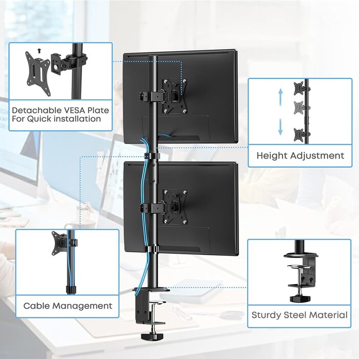 Кріплення для моніторів WORLDLIFT: 2 монітори один над одним, 17-35 дюймів, до 12 кг, регулювання висоти, VESA 75/100