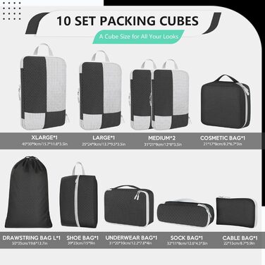 Органайзер для валізи Avmvnvc, набір 10 штук: кубики для пакування одягу, компресійні мішечки, органайзер для подорожей з косметичкою, для рюкзака та валізи, чорний