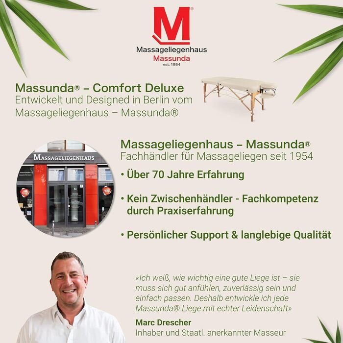 Масажне ліжко MASSUNDA Mobile Comfort Deluxe – розкладне, регульоване по висоті, широке, з дерев'яним каркасом, ергономічною підголівником, покриттям, підлокітниками та подушкою (Чорний)