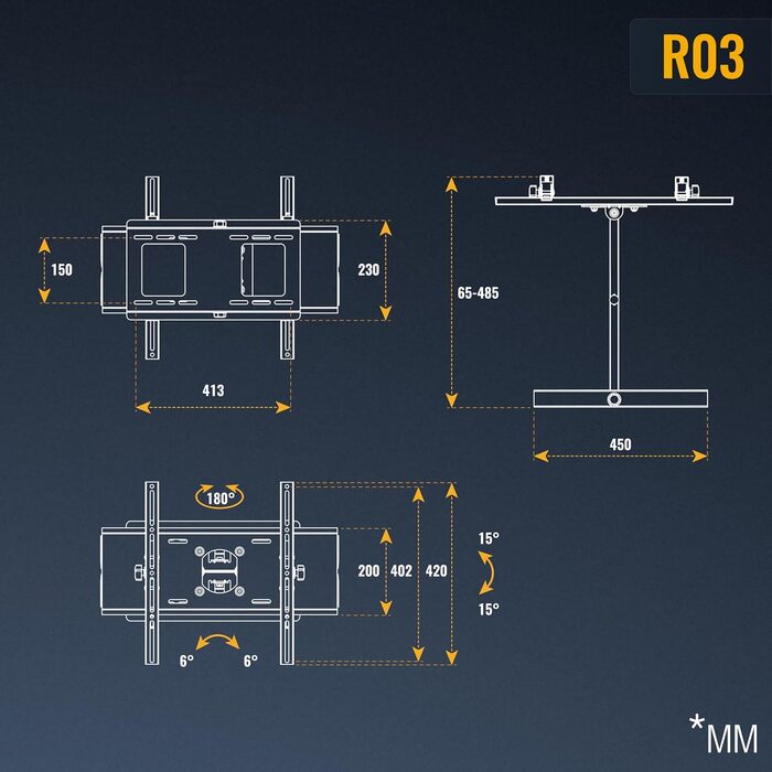 Настінне кріплення для телевізора RICOO R03 універсальне 40-75 дюймів, поворотне, до 95 кг, VESA 400x400 мм