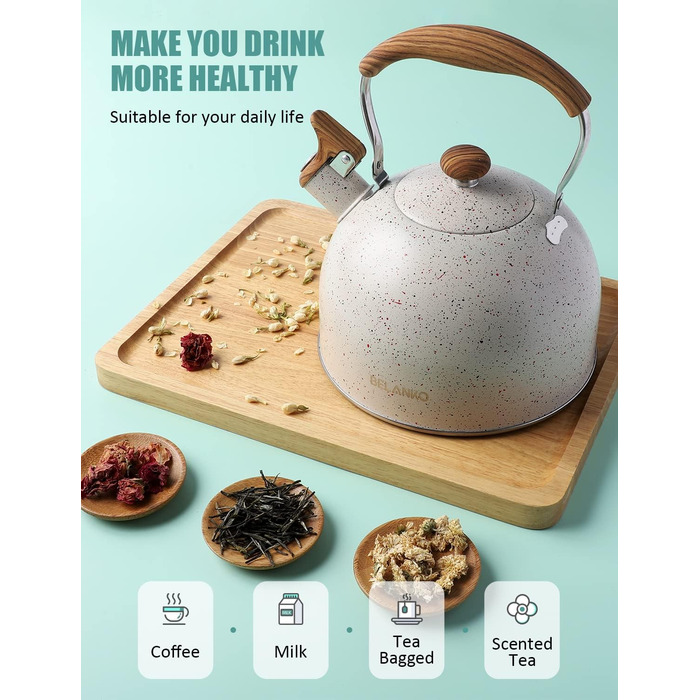 Чайник BELANKO 2,5 л з свистком, нержавіюча сталь, з дерев'ястим декором, складаний ручка, для чаю, кави, молока – блакитний (Starry White)