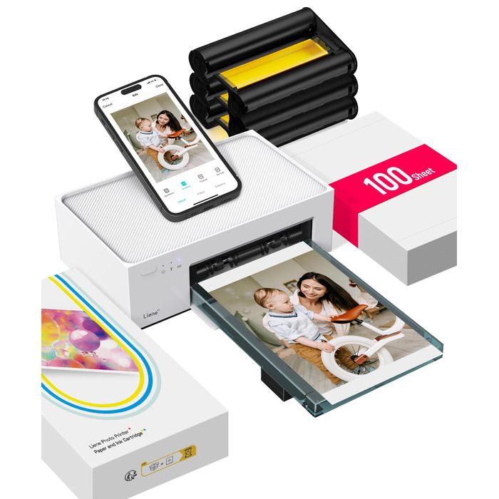 Портативний фотодрук для смартфонів Liene (10x15 см) + 2 пачки фотопаперу (20+80 аркушів), WiFi, сумісний з iPhone/Android/PC, 300 DPI, кольорова сублімація, білий
