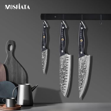 Ніж кухарський MOSFiATA Damast 8 дюймів - Японський ніж з дамаської сталі, з чохлом, захистом для пальців та подарунковою упаковкою