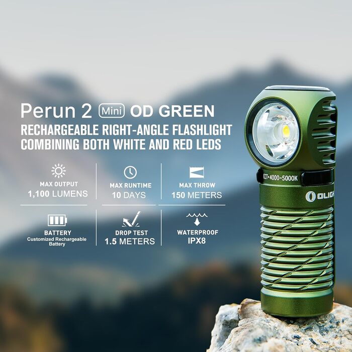 Ліхтарик налобний OLIGHT Perun 2 Mini LED, 1100 люмен, 150 м, USB-зарядка, EDC, червоне світло, 5 режимів, водонепроникний, з налобною стрічкою, для кемпінгу, надзвичайних ситуацій (зелений, нейтрально-білий)