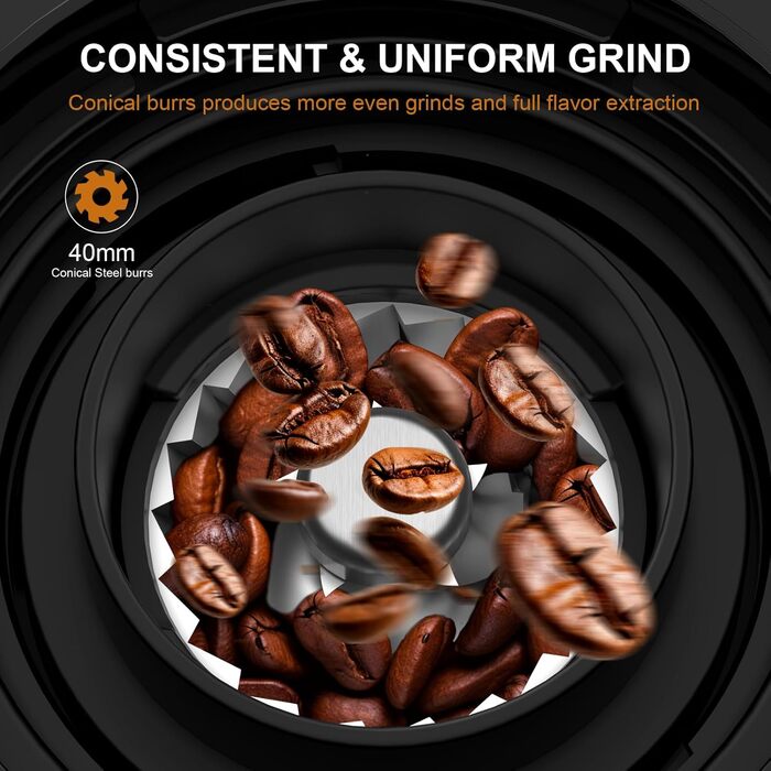 Електрична кавомолка з конічним жорнами – 25 ступенів помолу для еспресо, фільтр-кави, френч-прес, сенсорне управління, антистатична, чорна