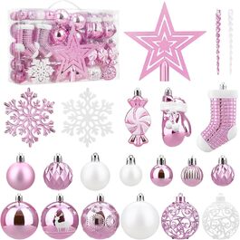 Набір ялинкових прикрас SOLEDI® 128шт. Преміум якість: рожеві та білі пластикові кулі з зіркою та верхівкою. Міцний та безпечний набір прикрас з петельками. Яскраві ялинкові кулі, багаторазовий декор для Різдва.