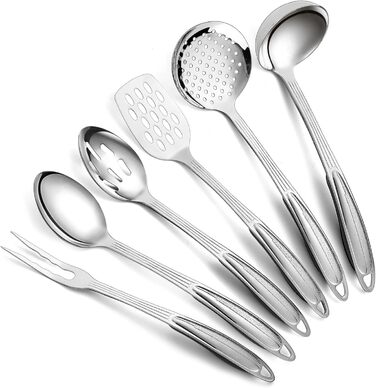 Stainless Steel Kitchen Utensil Set, 6-Piece, Cooking Utensil Sets, Kitchen Helper Essentials include a Metal Spatula Set, Slotted Spoon, Ladle, Serving Spoon, Skimmer, and Carving Fork.