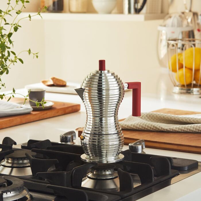 Alessi MDL02/3RFM Pulcina Espresso Machine - Cast Aluminum. Handle and Button - PA, red. Magnetic Bottom - 3 Cups