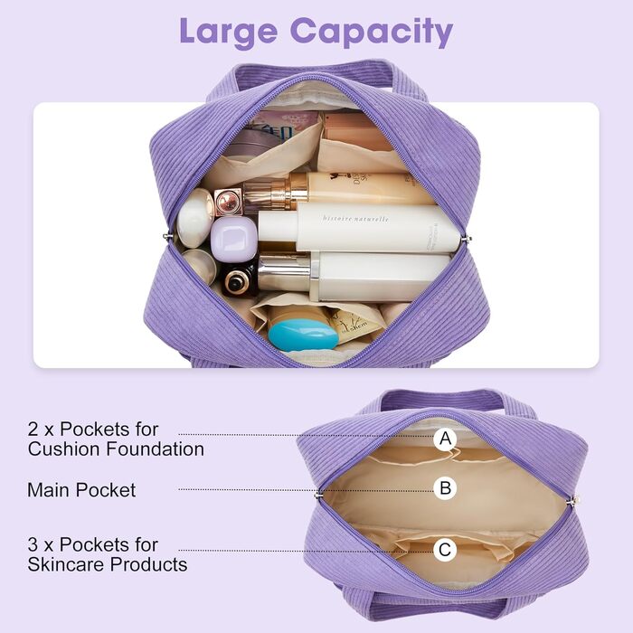 Косметичка велика для жінок Kalidi з багатьма відділеннями та відділенням для пензликів. Косметичний органайзер, сумочка для макіяжу, валізка, фіолетовий колір.