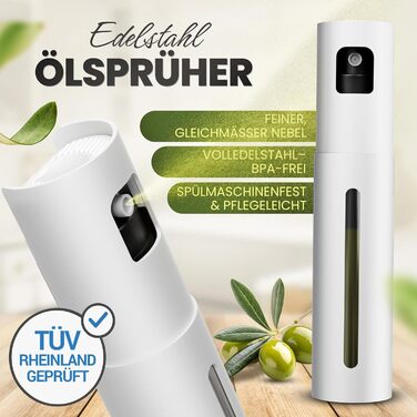 Розпилювач олії Leisure Life® Premium 2.0 - 100 мл, нержавіюча сталь, захист від УФ, BPA-free, для кухні, грилю та аерофритюрниці (Lunar Steel)