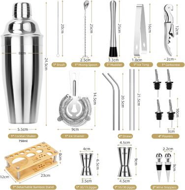 Набір шейкер для коктейлів зі стійкою, 750 мл, 20 предметів, нержавіюча сталь, професійний барменський набір, 4 силіконових підкладки, подарунок для чоловіків, жінок, друзів