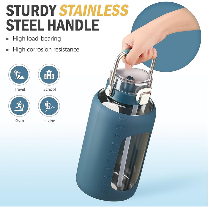 BLUEGO 2500ml Glass Water Bottle with Stainless Steel Handle, 2.5L Large Water Bottle with Time Markers and Silicone Sleeve, Half Gallon Water Jug BPA-free for Sports, Daily Use, Light Green (Dark Blue)
