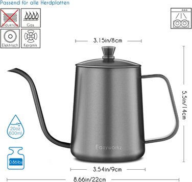 Easyworkz Gooseneck Pour Over Coffee Kettle 600ml, Stainless Steel, Swan Neck, Long Spout, Hand Drip Kettle