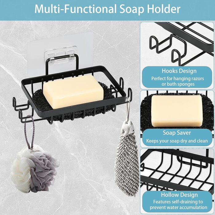 Набір з 2 штук тримач для мила з нержавіючої сталі 304, для душу, ванної кімнати та кухні, настінний, без свердління, самоклеючий з гачком та підставкою для мила (Чорний)