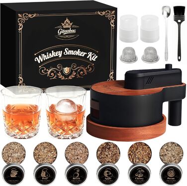 Набір для копчення віскі зі вбудованим запальничкою, 6 видів тирси, 2 склянки, 2 форми для льоду, набір для димчастого коктейлю, подарунок на Різдво та день народження для чоловіків, батька, чоловіка (БЕЗ бутану) (коричневий)