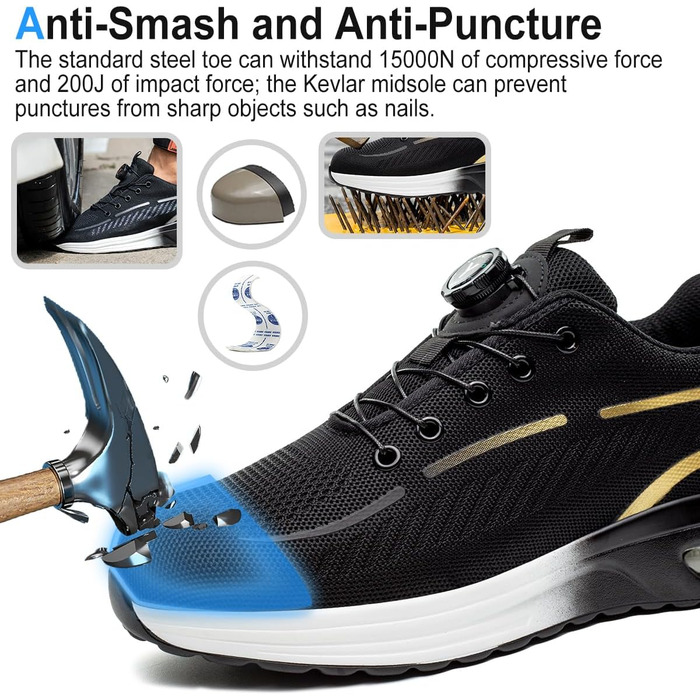 Робочі черевики для чоловіків та жінок. Зі сталевим підноском. Легкі, спортивні, неслизькі, дихаючі. Модний захист. Розміри 38-46 EU (42 EU, New Gold)