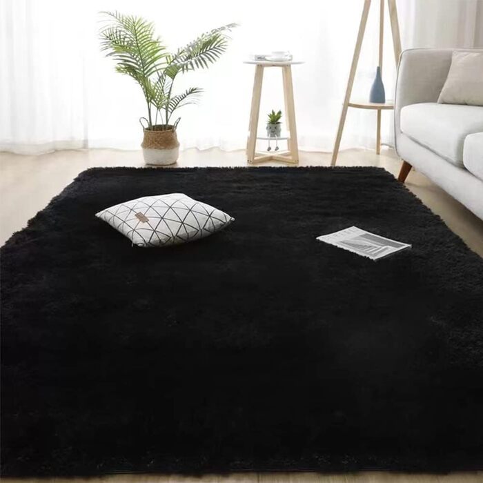 Шкіряний килим ABWXN з високим ворсом 120x160 см. Чорний, для вітальні та спальні