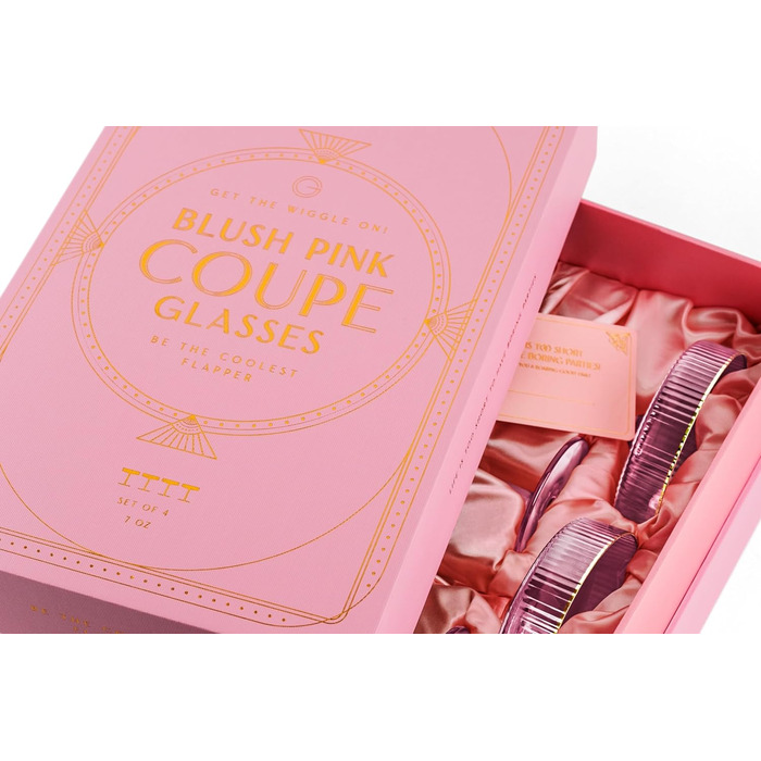 Набір келихів Art Deco з вишуканим рожевим кольором та золотим обідком (4 шт, 200 мл) | Для шампанського, коктейлів (Espresso Martini, Cosmopolitan, Daiquiri) | Скляні чаші для бару Speakeasy