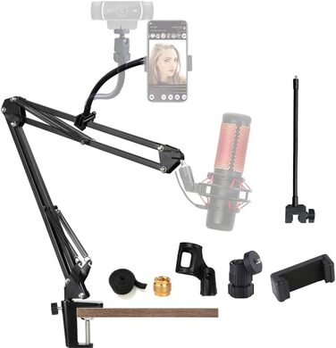 Кріплення для мікрофона на штативі (гусак) 2-в-1 з тримачем для веб-камери та телефону. Сумісний з Blue Yeti, HyperX QuadCast, Logitech C920, C930 та іншими.