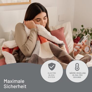 Електрична ковдра Imetec Adapto Tartan Festival, 160x120 см, тепла та затишна, з технологією Adapto, 6 температур, безпечна, швидкий нагрів, для дому, миюча, оранжево-сіра