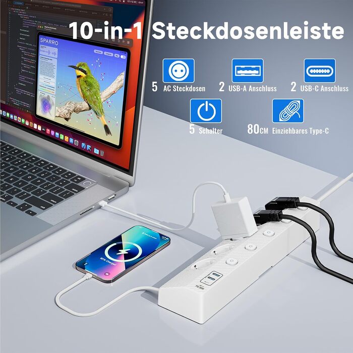 Настільний мережевий фільтр з 5 розетками та 2 USB-C (PD 30W), подовжувач з вимикачем, 4000W, кабель 2м, білий