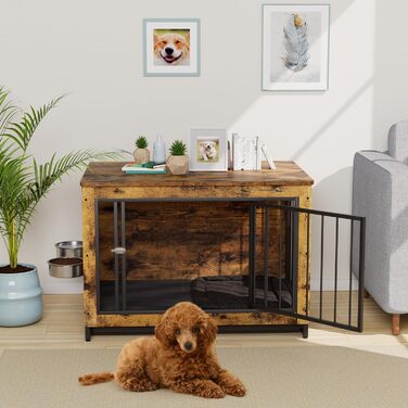 Дерев'яний вольєр для собак, 93x64x58 см, з піддоном та мисками, для собак середніх та маленьких порід (до 40 кг), білий (колір дерева)