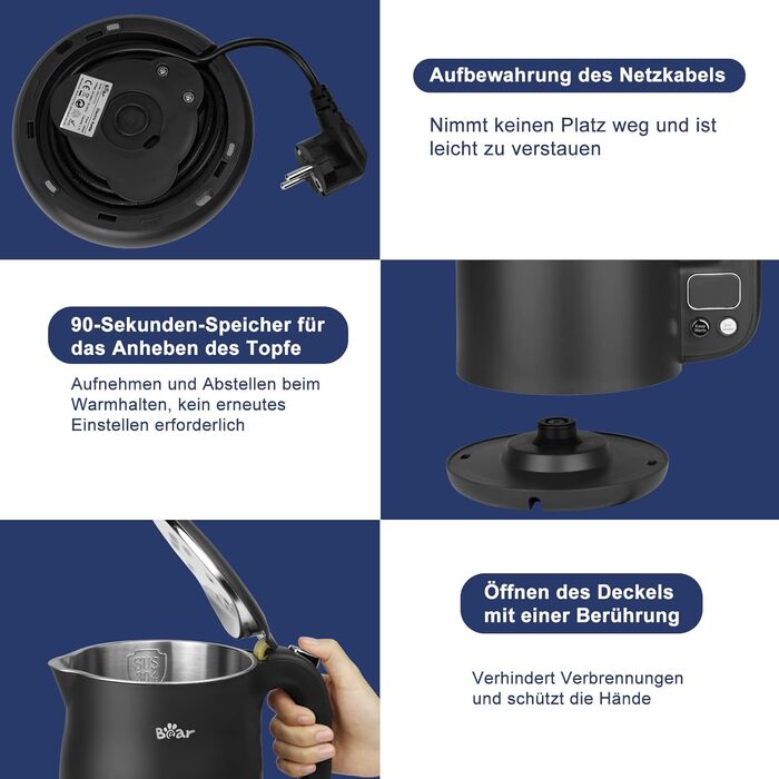Bear 1.7L Stainless Steel Electric Kettle with Precise Temperature Control (40°C - 100°C), 1800W, Boil-Dry Protection, Double Anti-Scald, BPA-Free, LCD Display
