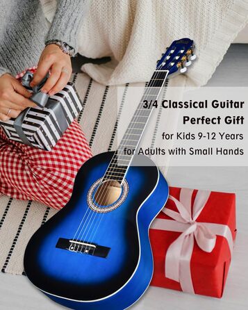 Кітара класична Winzz 4/4 для дорослих та дітей (від 11 років), чорний глянцевий, набір для початківців, 39 дюймів, блакитний (3/4)