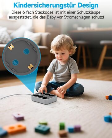 Мережевий фільтр 6-фазний з USB (3 USB-A, 3 USB-C), настінний, з вимикачем та кабелем 2м, захист від перенапруги, чорний