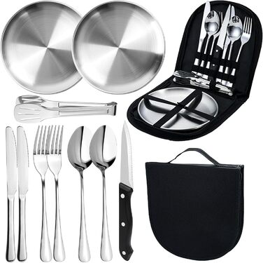 Набір посуду для кемпінгу MOMAHUA на 2 особи (10 шт.): нержавіюча сталь, для пікніків та подорожей. Включає сумку для багаторазового використання.