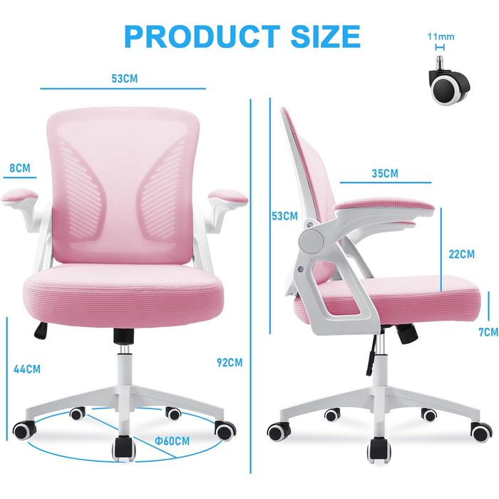 Офісний стіл з регульованими підлокітниками, ергономічний стілець для офісу з сітчастою спинкою, підтримкою попереку, регульованою висотою, м'яким сидінням, поворотний на 360°, (Рожевий)